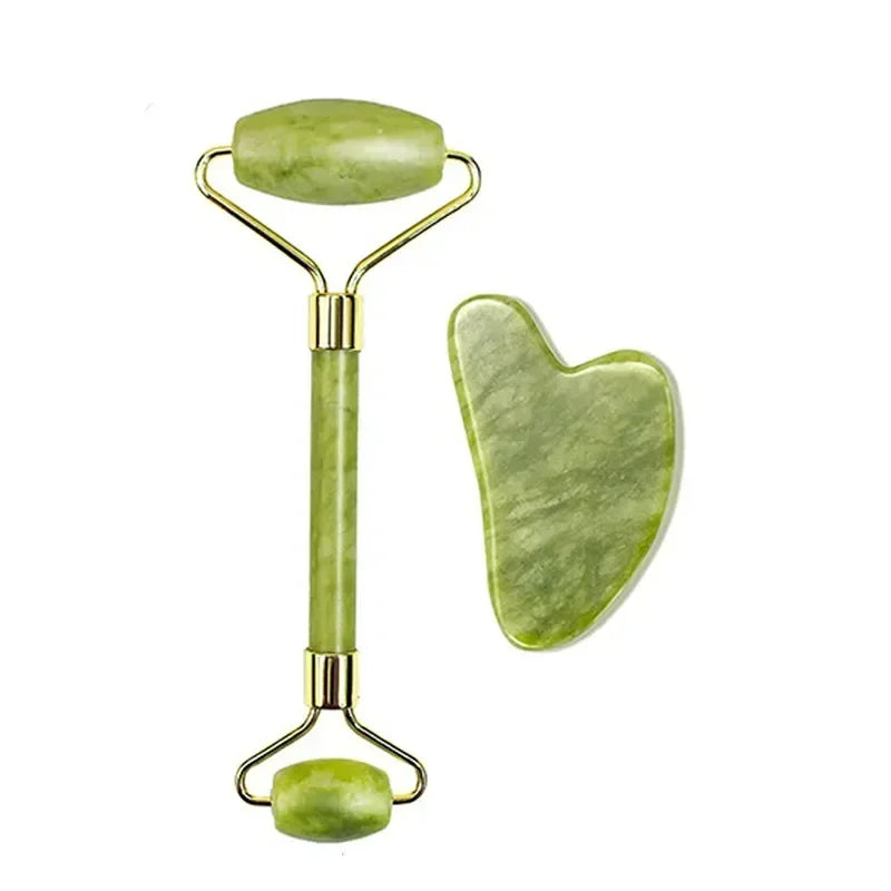Set rouleau en jade double tête et gua sha en cœur
